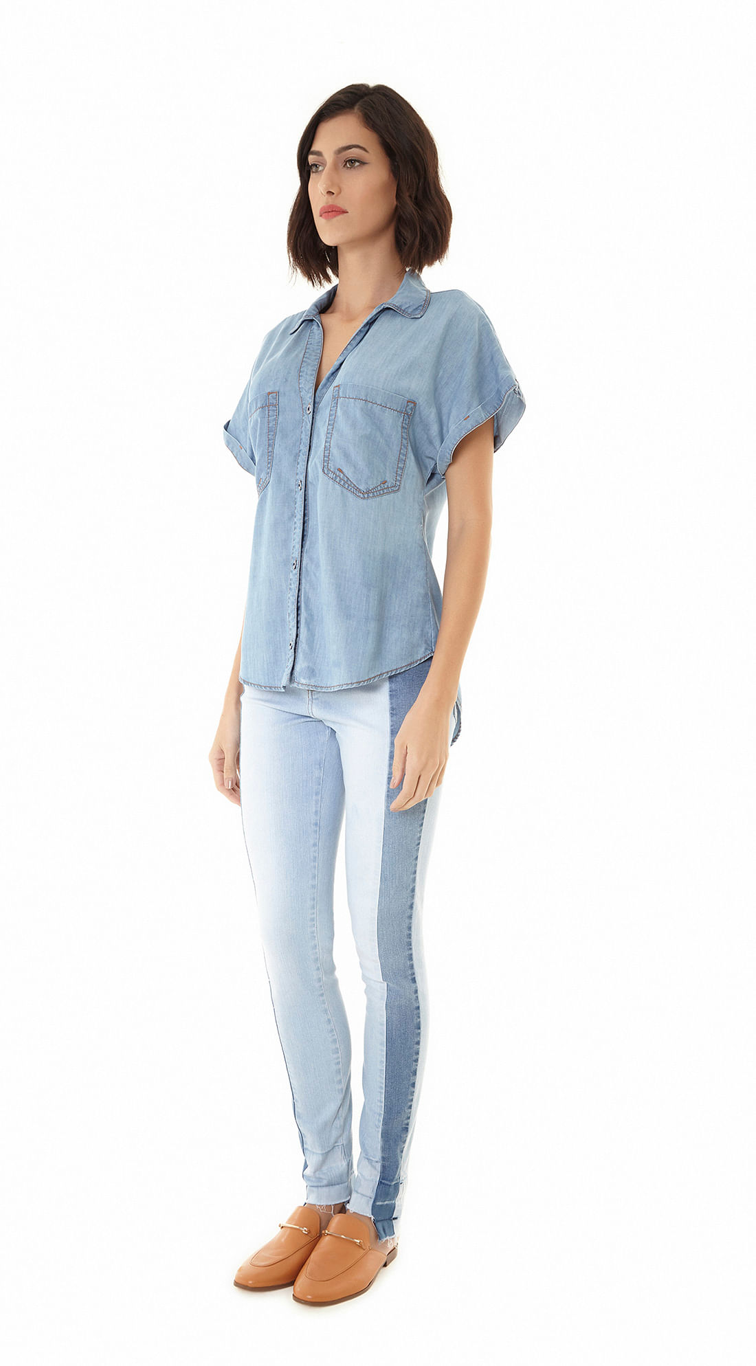 Camisa Jeans Manga Curta Delave Jeans Maria Valentina